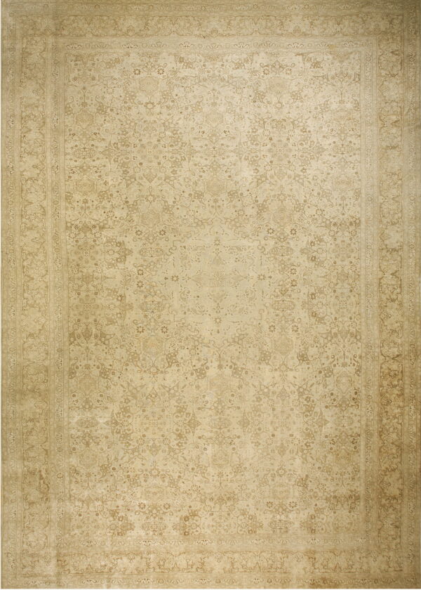 Monochromatic area rug with an elaborate all-over floral pattern and multi-layered border in beige and tan.
