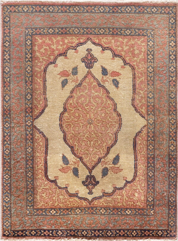 Ornate rug featuring a beige central niche medallion bordered by rust and navy floral motifs.