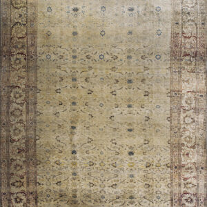 Light beige area rug with intricate multi-layered borders and subtle muted blue and brown floral designs.