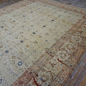 Ornate beige rug with brown, blue, and rust accents lying on rustic, wide-plank wood flooring.