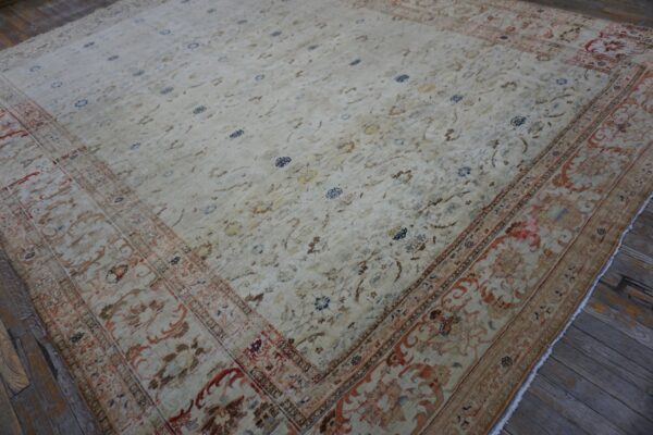 Ornate cream rug featuring muted patterns in rust and blue on dark, distressed plank flooring.