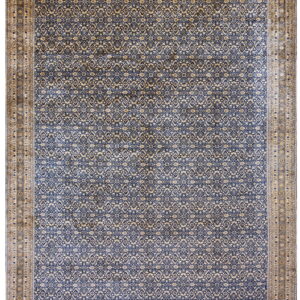 Navy blue and cream patterned rug featuring a dense repeating lattice design and a broad beige border.