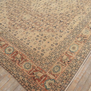 Traditional beige rug with intricate navy, rust, and teal patterns rests on light gray hardwood flooring.