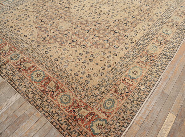 Traditional beige rug with intricate navy, rust, and teal patterns rests on light gray hardwood flooring.