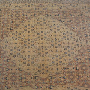 Ornate traditional rug with a large beige medallion framed by rust and navy floral motifs.