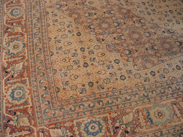 Muted traditional area rug displaying complex floral patterns in tan, terracotta, and dark blue.