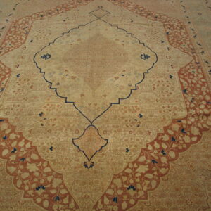 Beige and rust patterned rug with a central medallion and ornate blue floral motifs on a wood floor.