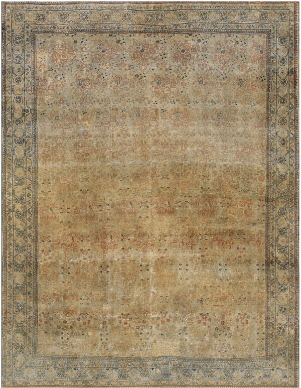 Distressed tan rug with faded gold and rust patterns, surrounded by intricate dark gray decorative borders.