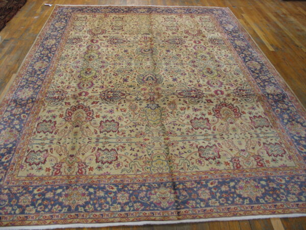 Ornate beige rug with red, blue, and purple floral motifs and a contrasting navy border on wood floor.