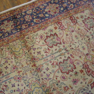 Traditional beige and red floral patterned rug next to a navy blue border on distressed hardwood floors.