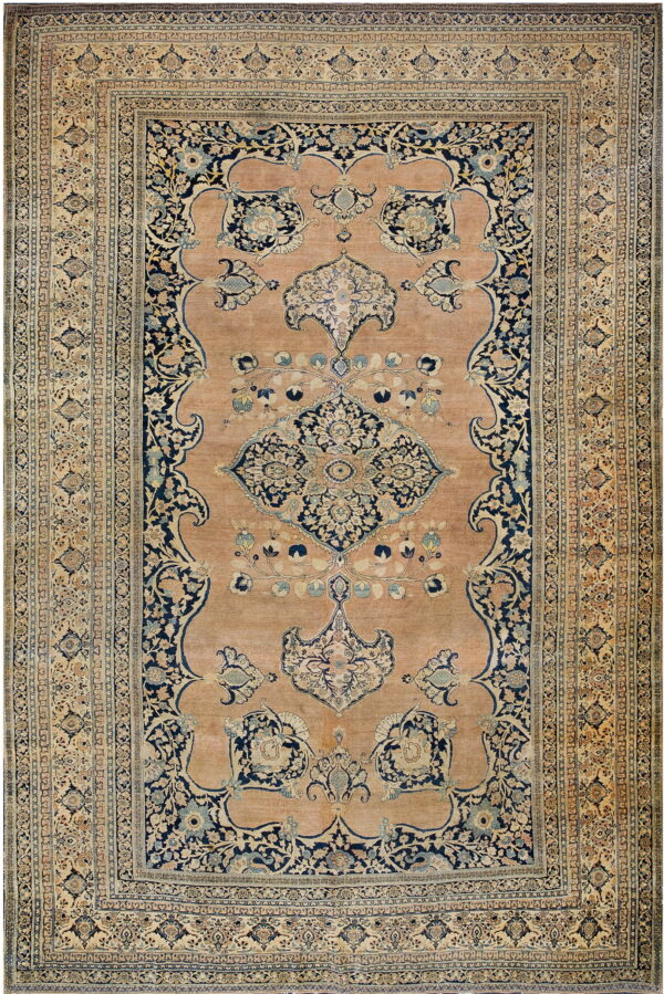 Traditional rectangular rug featuring a peach field, dark blue medallion, and ornate floral borders.