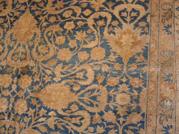 Tan and blue rug close-up showing intricate botanical patterns and a multi-band vertical border.