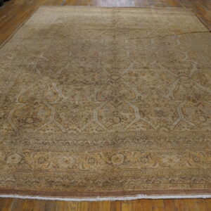 Monochromatic large tan rug displaying an intricate trellis pattern against a glossy wood plank floor.