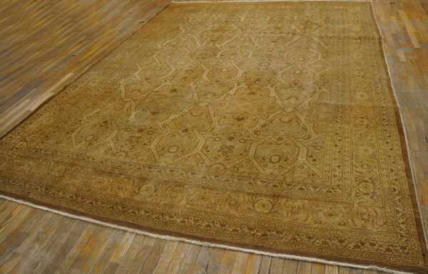 Large, traditional gold and brown rug with an intricate pattern lying on distressed hardwood planks.