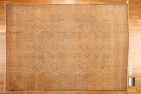 Tonal gold and tan rug with intricate geometric and floral patterns lies on light brown hardwood flooring.