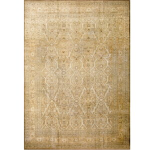 Ornate traditional rug featuring a trellis pattern and detailed border in monochromatic gold and tan colors.