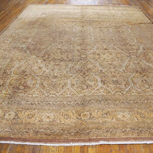 Large rug in shades of golden tan and brown with an ornate trellis pattern on hardwood flooring.