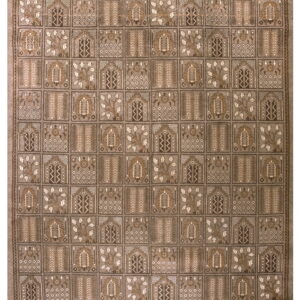 Taupe rug featuring a dense grid pattern of contrasting brown, cream, and gray stylized traditional motifs.