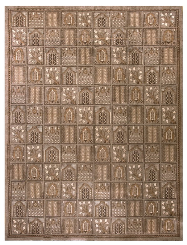 Taupe rug featuring a dense grid pattern of contrasting brown, cream, and gray stylized traditional motifs.