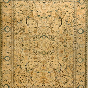 Beige and gold traditional rug featuring an elaborate, symmetrical floral and vine pattern outlined in dark green.