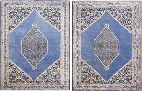Two matching low-pile blue rugs with central diamond medallions and ornate floral borders.