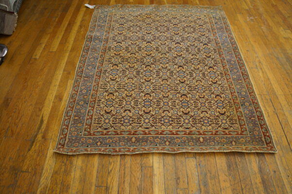 Detailed traditional rug in tan, blue, and rust tones lies flat on wide-plank rustic wood flooring.