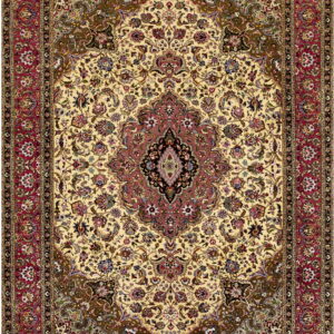 Cream rug with a deep red border, intricate floral patterns, and a large central medallion.