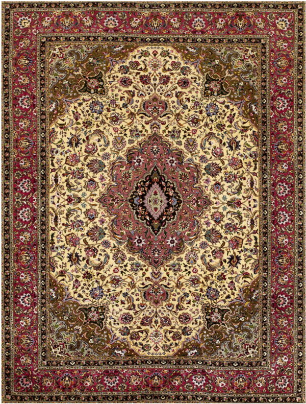 Cream rug with a deep red border, intricate floral patterns, and a large central medallion.