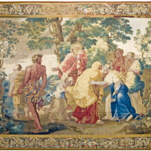 Woven tapestry with a figurative landscape scene and an ornate, detailed floral and scroll motif border.