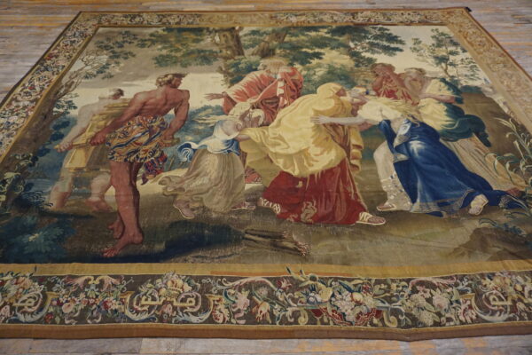 Large tapestry-style rug displaying a figural scene with rich colors and an ornate floral border.