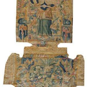 Intricately woven tapestry fragment featuring a figure and dense foliage in gold, teal, green, and pink.