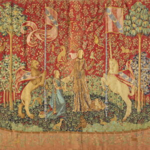 Medieval tapestry with knights and animals