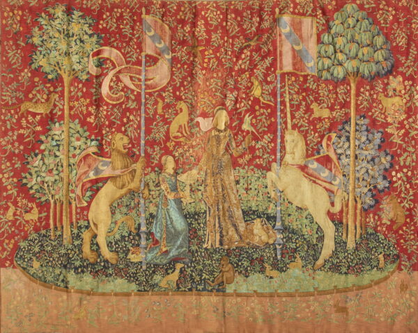 Medieval tapestry with knights and animals