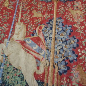 Colorful medieval tapestry with unicorn