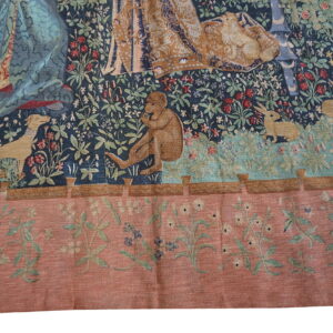 Colorful tapestry depicting animals and figures