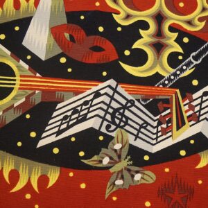 Abstract rug pattern with geometric red, black, yellow shapes, musical notes, and stylized instruments.