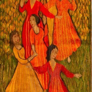 Five women dancing in vibrant dresses.