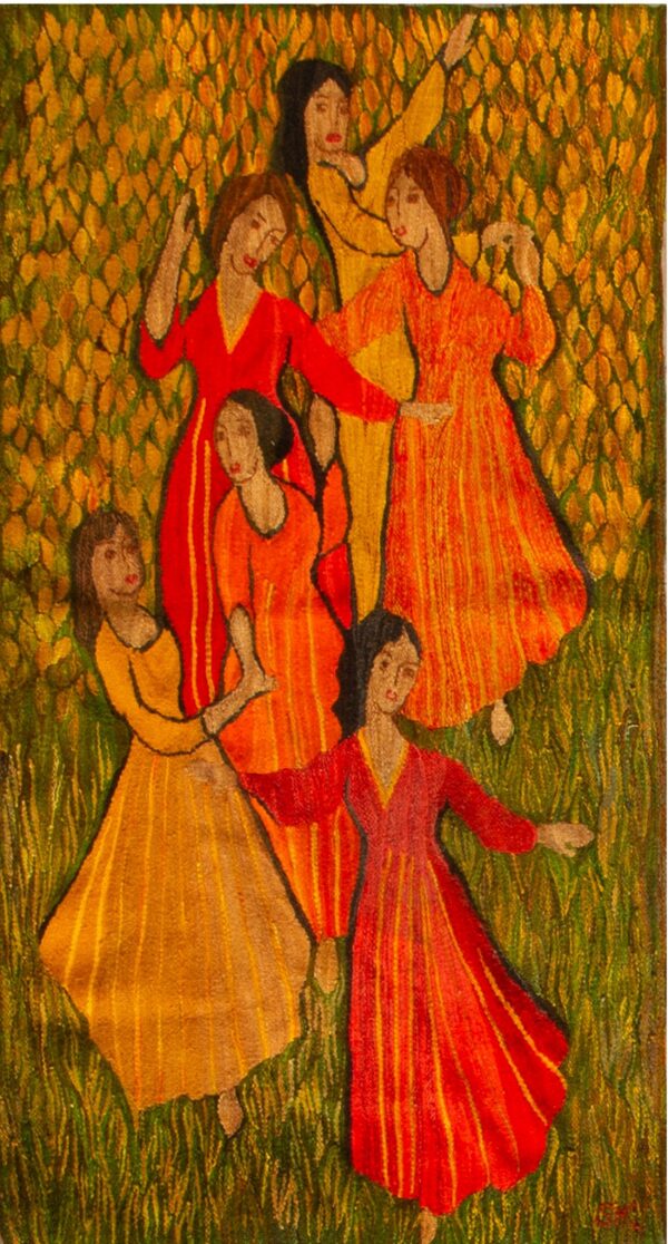 Five women dancing in vibrant dresses.