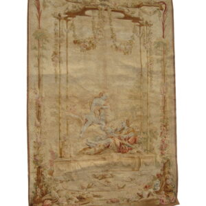 Large beige tapestry featuring classical figures, pink floral garlands, and small birds in a garden scene.