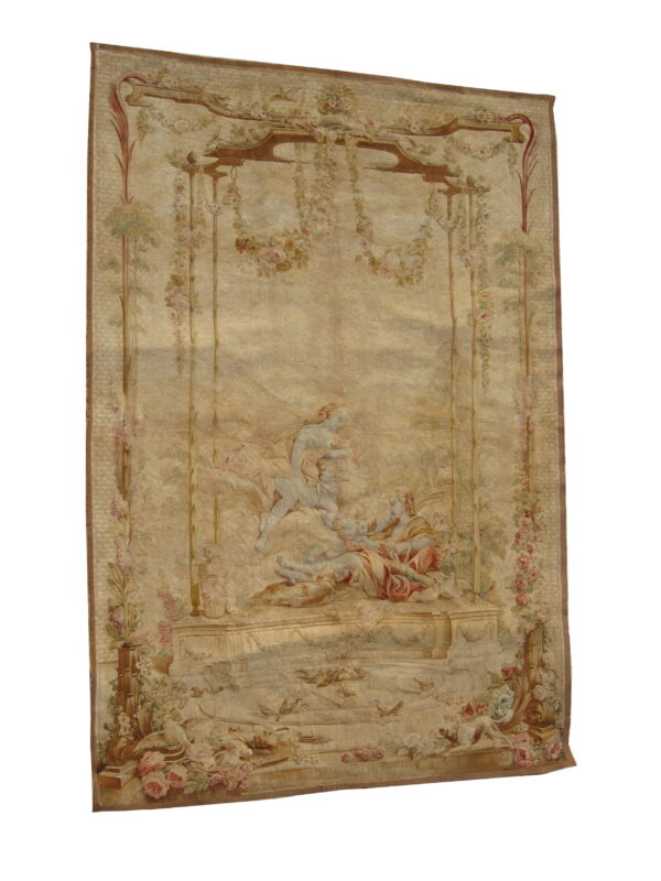Large beige tapestry featuring classical figures, pink floral garlands, and small birds in a garden scene.