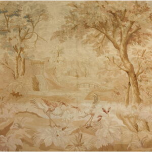 Sepia-toned rug featuring a detailed scenic landscape pattern with trees, architecture, and two stylized fighting birds.