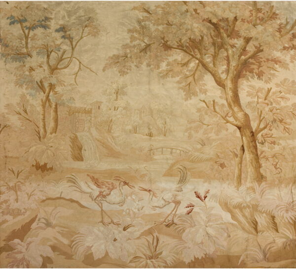 Sepia-toned rug featuring a detailed scenic landscape pattern with trees, architecture, and two stylized fighting birds.