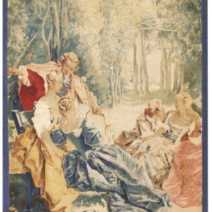 Cream and sage green tapestry rug depicting a classical outdoor scene with figures in pink and blue clothing.