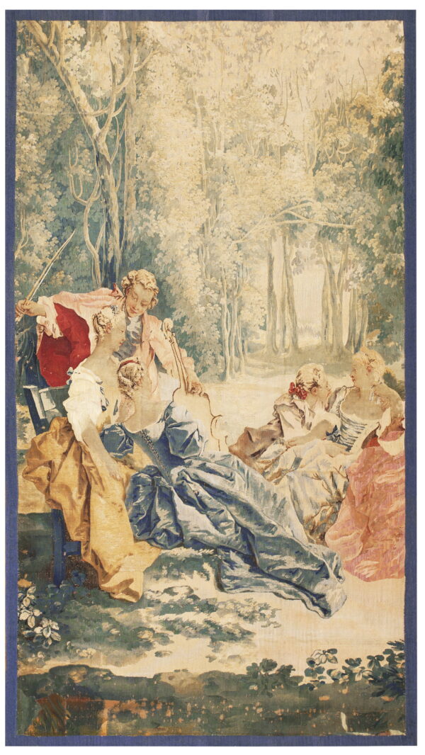 Cream and sage green tapestry rug depicting a classical outdoor scene with figures in pink and blue clothing.