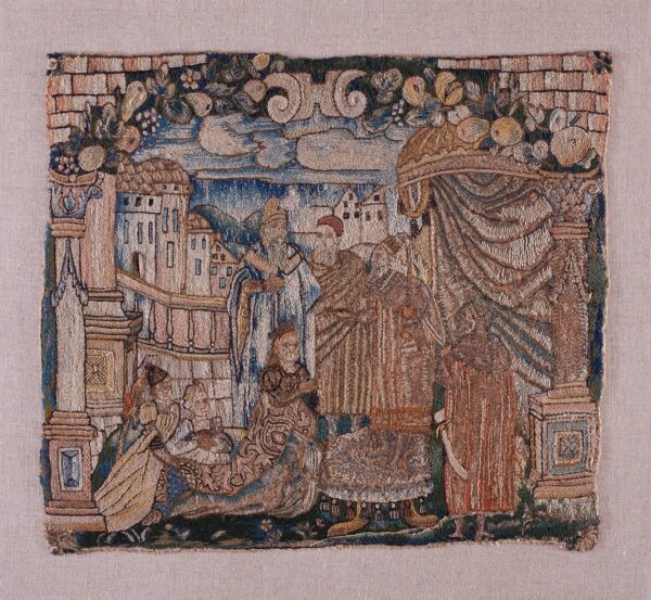 Historical scene with ornate figures.