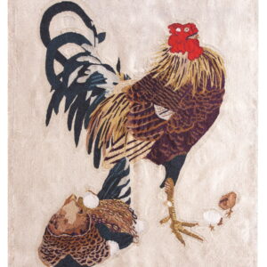 Detailed rug design showing a colorful rooster standing above a brown hen on a light beige background.