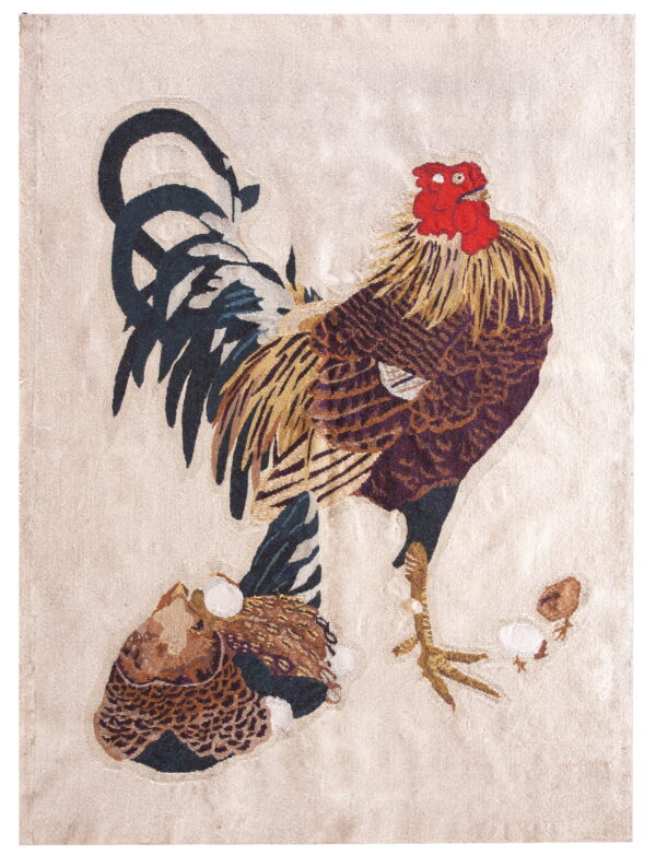 Detailed rug design showing a colorful rooster standing above a brown hen on a light beige background.