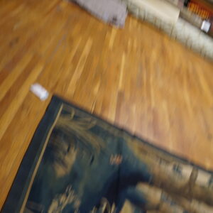 Blurry dark blue and tan patterned rug on wood plank flooring, next to a small gray runner.