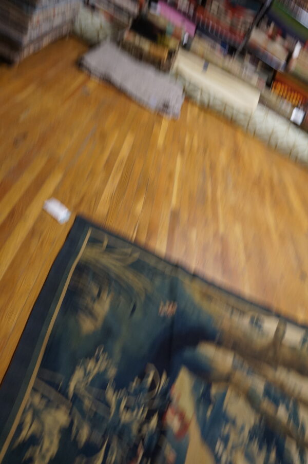 Blurry dark blue and tan patterned rug on wood plank flooring, next to a small gray runner.