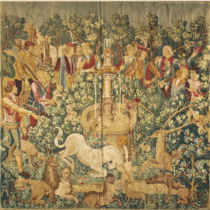 Colorful tapestry depicting a hunting scene.